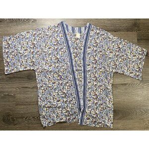 Japna Kimono Cardigan Womens L Blue Floral‎ Boho Print Open Front Peasant Artsy